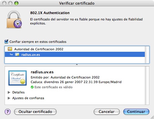Finestra d'avís de verificació del certificat del servidor
